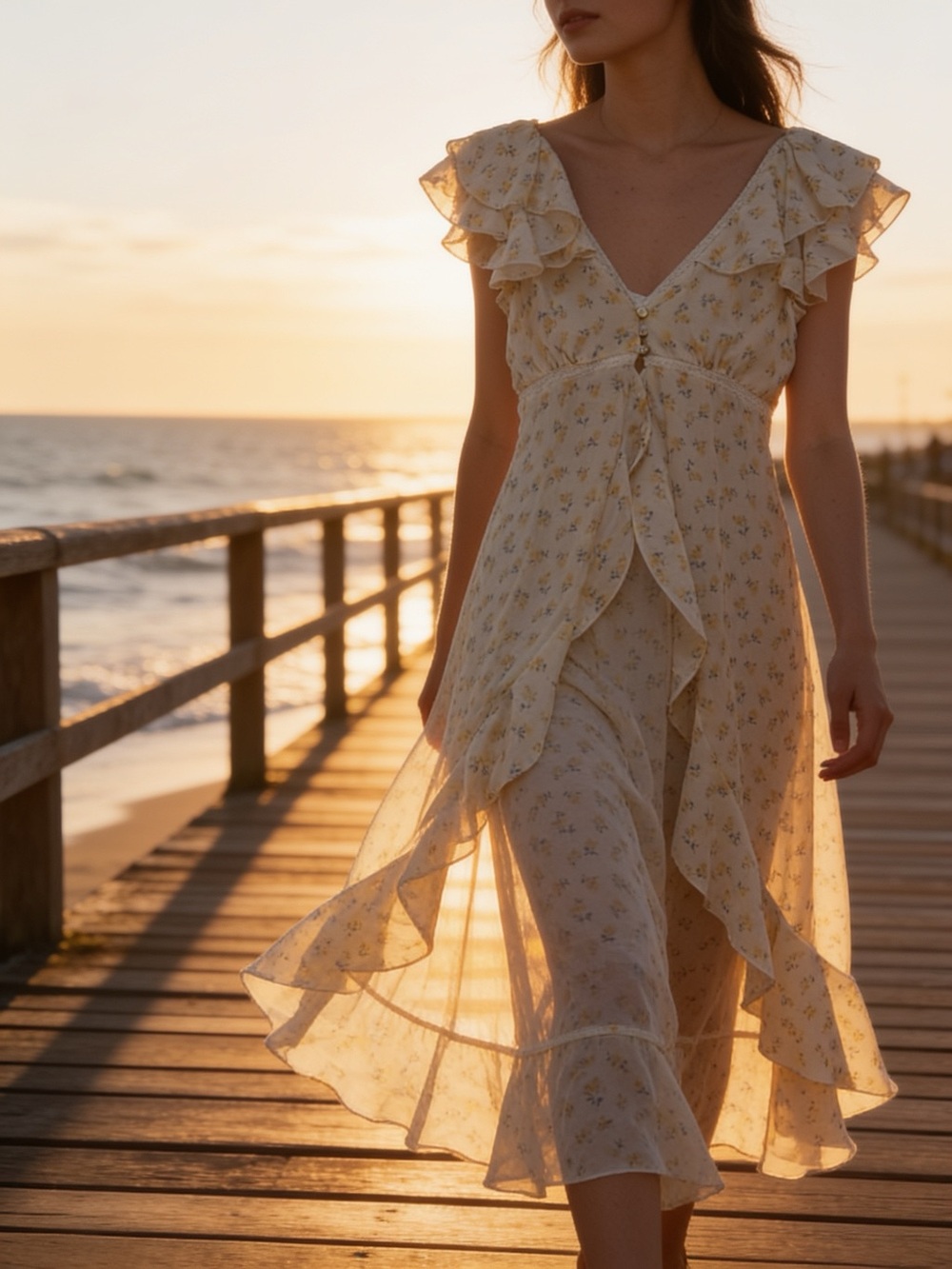 Altar'd State Pale Yellow Floral Ruffle Midi Dress